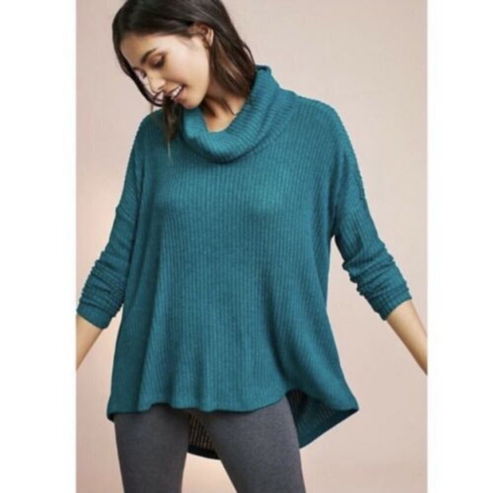 ✅ AnthrO Saturday Sunday Oversized Cowl Neck Ribbed Knit Top‎ XS/S Teal High Low